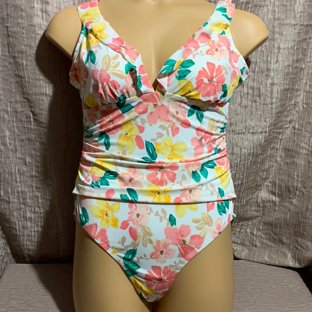 Time and Tru Floral One Piece Swimsuit - Pink, Yellow, Green